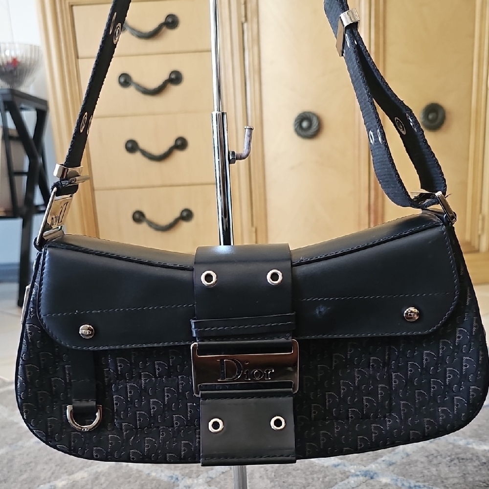 Authentic Christian Dior Columbus Black Navy Monogram Shoulder Bag